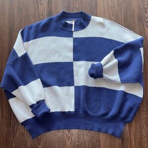 Free People Easy Street Blue Checker Crewneck Sweater
